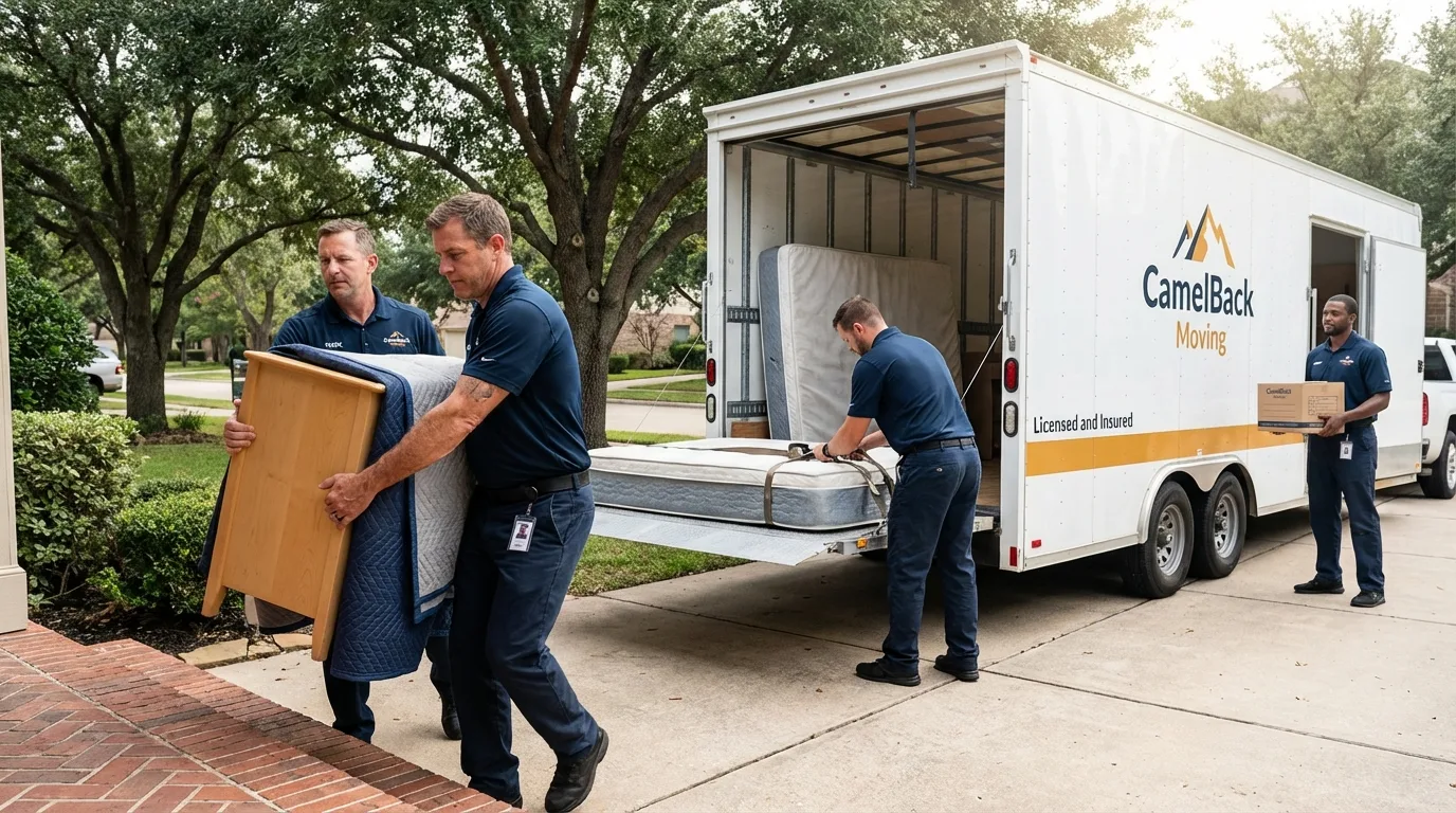 Crew loading residential truck for cross-state move from Escalon, CA
