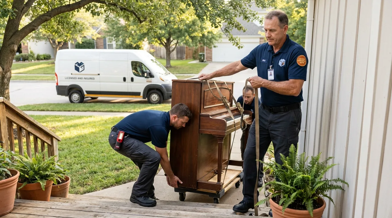 Licensed piano movers securing grand piano in Escalon, CA