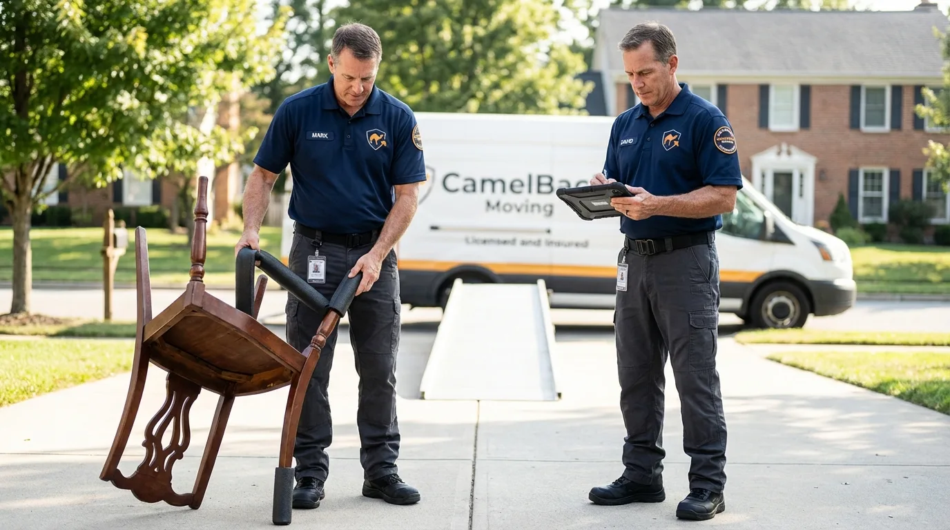 Movers inspecting furniture for damage prevention before loading in Escalon, CA