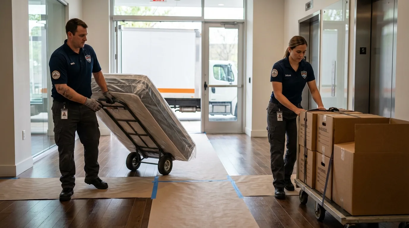 Professional apartment movers loading elevator in Escalon, CA